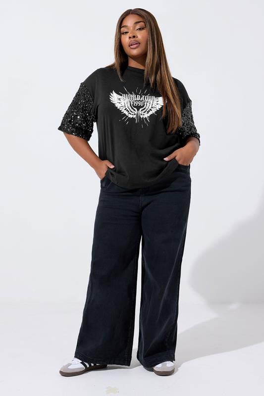 LIMITED COLLECTION Plus Size Black Sequin 'World Tour' Graphic T-Shirt | Yours Clothing 1
