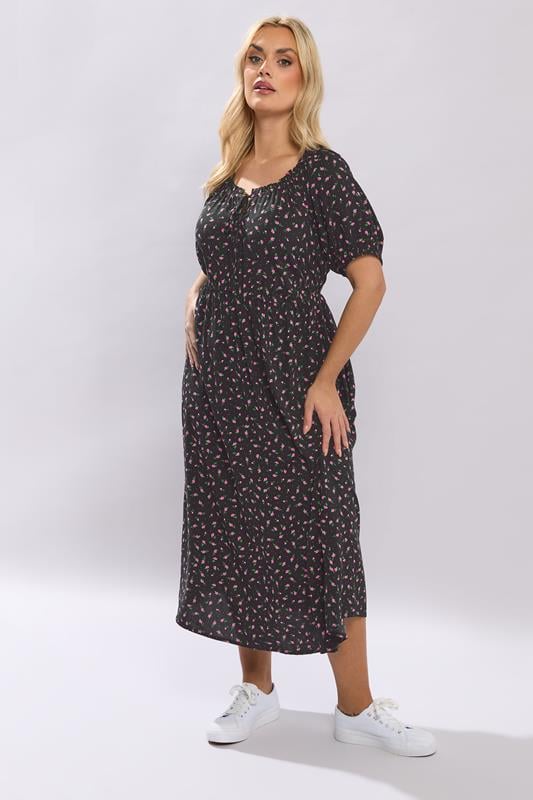 YOURS Curve Black Ditsy Floral Midi Dress