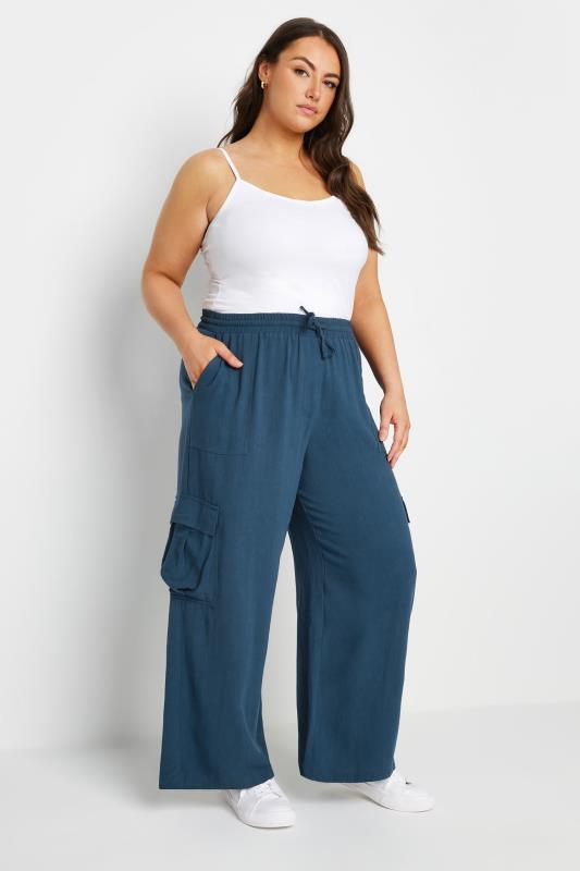 YOURS Plus Size Navy Blue Linen Look Cargo Trousers | Yours Clothing 2