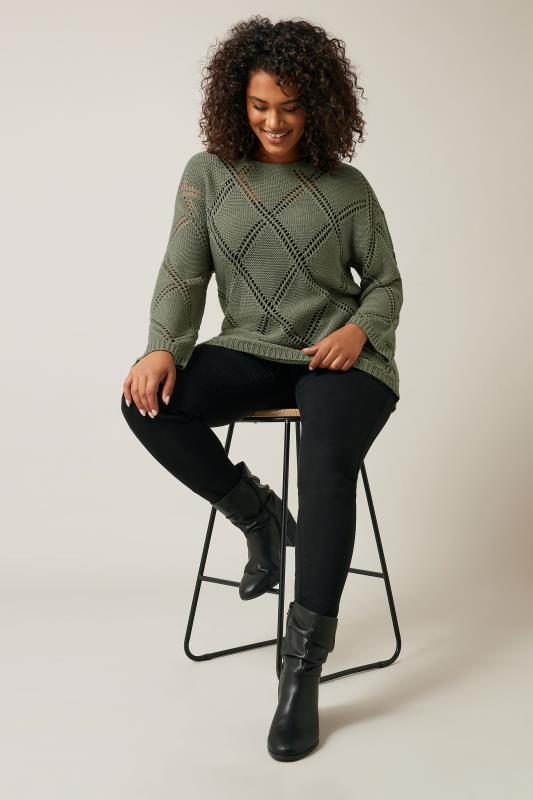 EVANS Plus Size Khaki Green Diamond Pointelle Jumper | Evans 2