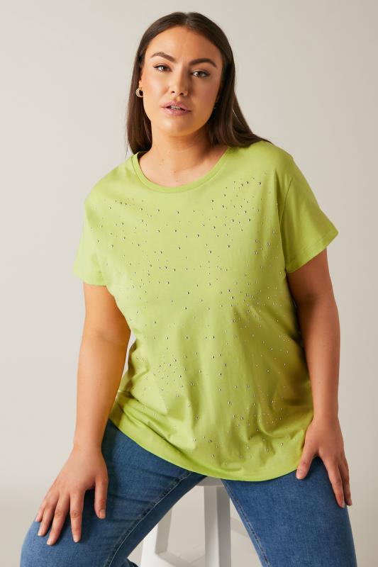 Plus Size  EVANS Curve Lime Green Stud Embellished Pure Cotton T-Shirt