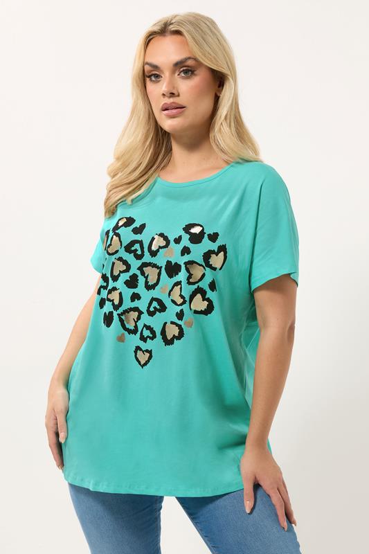  YOURS Curve Green Leopard Heart T-Shirt