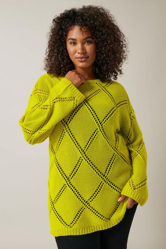 EVANS Plus Size Chartreuse Green Diamond Pointelle Jumper | Evans 1