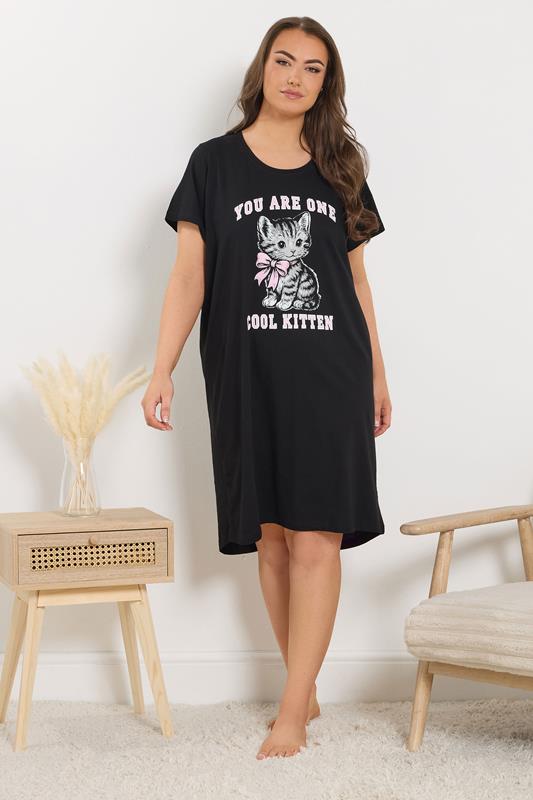  YOURS Curve Black 'You Are One Cool Kitten' Dipped Back Nightdress