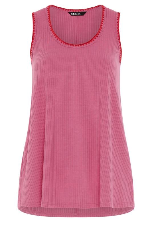 YOURS Plus Size Hot Pink Contrast Blanket Stitch Ribbed Vest Top | Yours Clothing 5