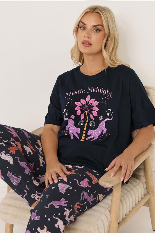 YOURS Plus Size Navy Blue 'Mystic Midnight' Cuffed Pyjama Set | Yours Clothing 1