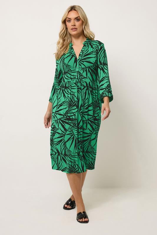  YOURS Curve Green Leaf Print Midi Dress