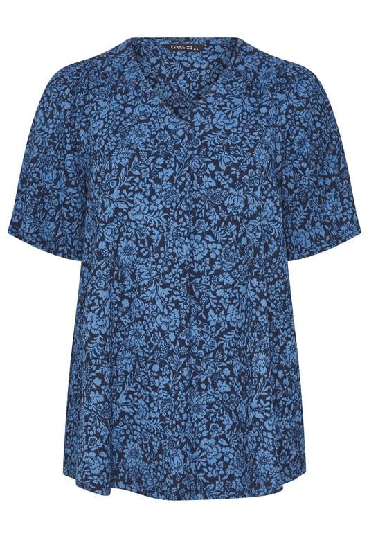 EVANS Plus Size Navy Blue Floral Pleat Front Angel Sleeve Top | Evans 5