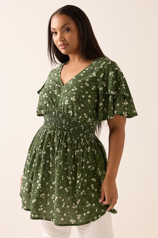 YOURS Plus Size Green Floral Print Flutter Sleeve Top | Yours Clothing 1