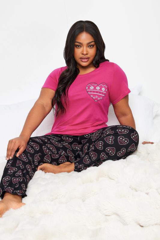 YOURS Plus Size Pink Fairisle Heart Print Pyjama Set | Yours Clothing 2
