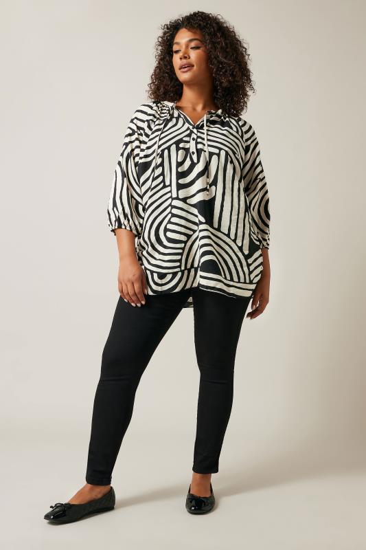 EVANS Plus Size Black White Abstract Print Tie Neck Blouse Evans