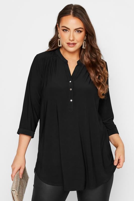 YOURS LONDON Plus-Size Curve Black Half Placket Shirt | Yours Clothing 1