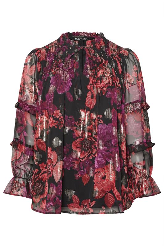 YOURS Plus Size Black & Pink Floral Metallic Tie Neck Blouse | Yours Clothing 6