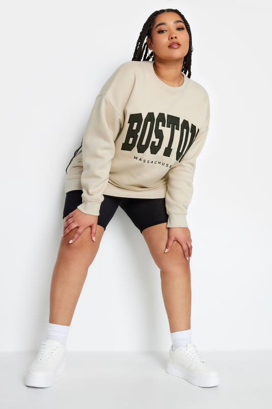 YOURS Plus Size Beige Brown 'Boston' Embroidered Slogan Sweatshirt | Yours Clothing 2