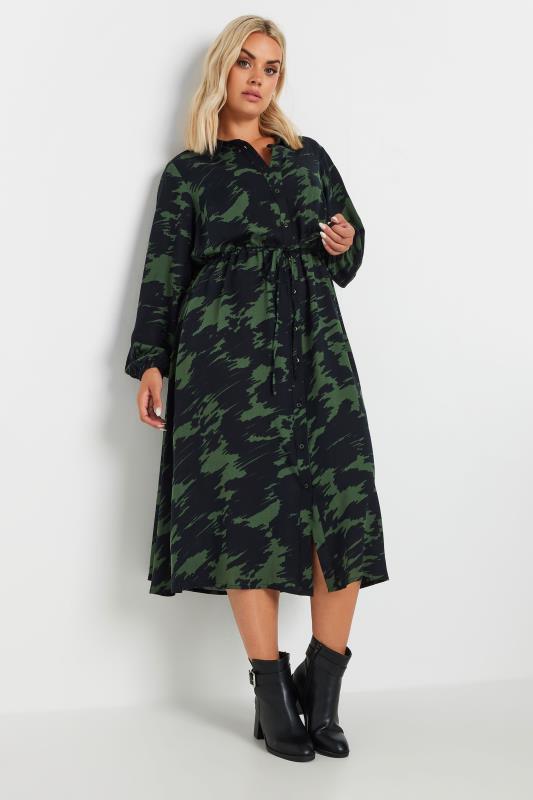 YOURS Plus Size Black & Green Abstract Print Shirt Dress | Yours Clothing  4