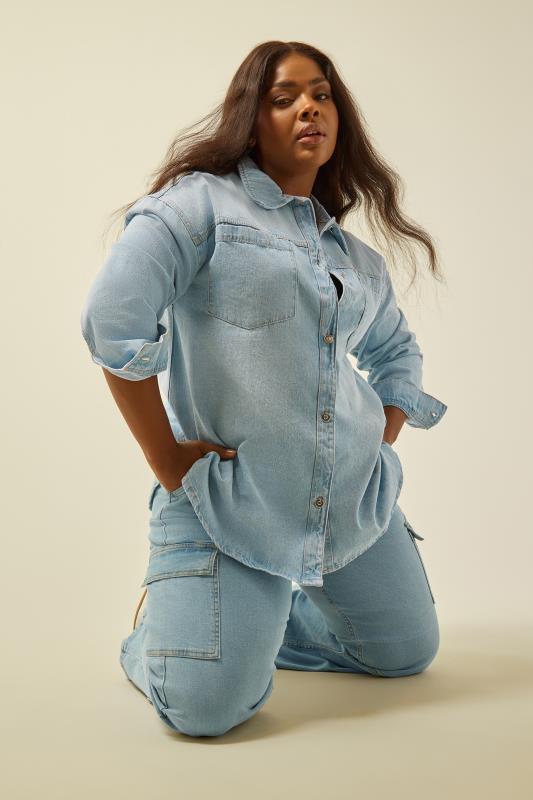 YOURS Plus Size Curve Light Blue Denim Western Style Shacket | Yours Clothing  1