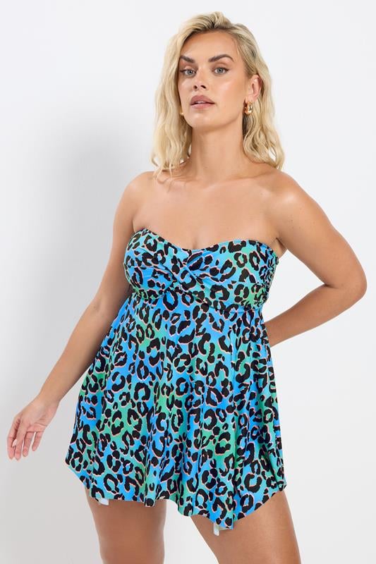 YOURS Plus Size Blue & Green Leopard Print Tankini Top | Yours Clothing 2