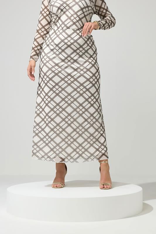 YOURS LONDON Curve Ivory White & Brown Check Maxi Skirt | Yours Clothing 1