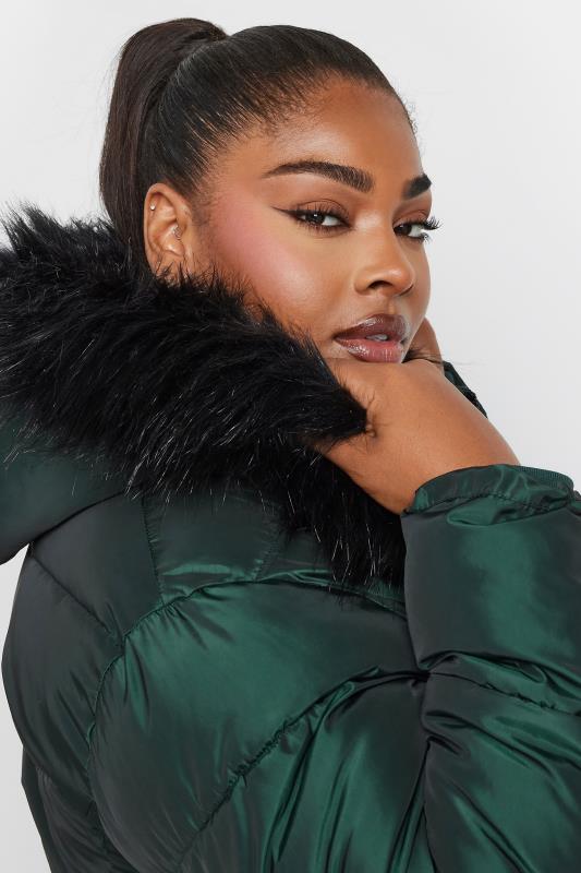 YOURS Plus Size Forest Green Faux Fur Trim Puffer Coat | Yours Clothing 6