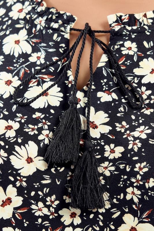YOURS Plus Size Black Floral Tie Neck Tiered Blouse | Yours Clothing 4