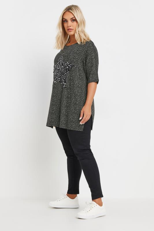 YOURS Plus Size Black Star Sequin Embellished T-Shirt | Yours Clothing  2