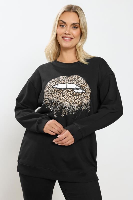 YOURS Curve Black Leopard Lips Sequin Embellished Sweatshirt
