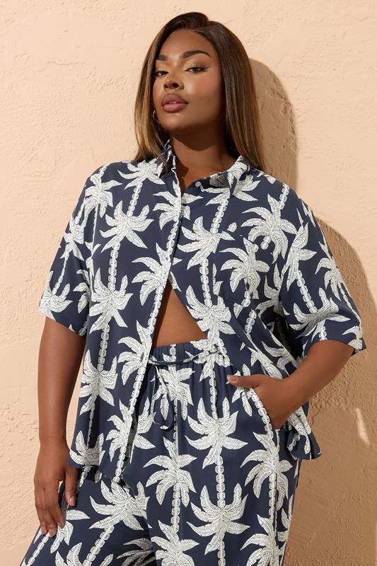 YOURS Plus Size Navy Blue Tropical Palm Print Shirt | Yours Clothing 2