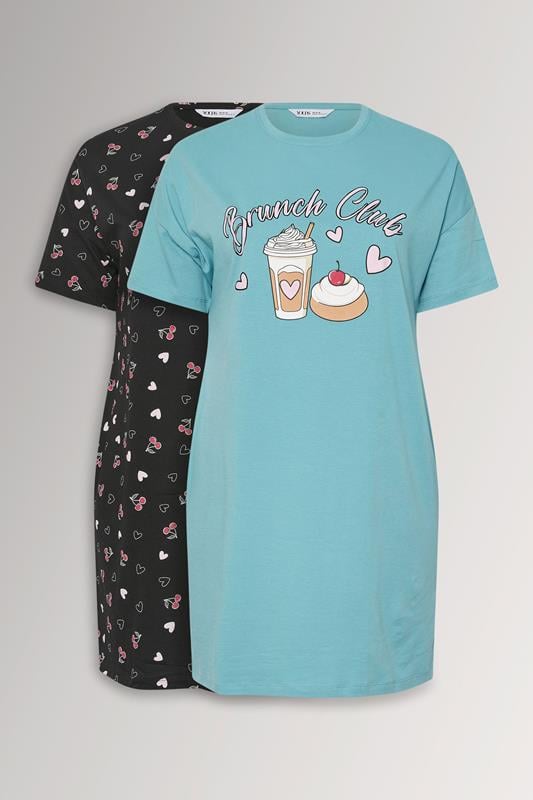  YOURSET Curve 2 PACK Cotton Blue 'Brunch Club' Nightdresses