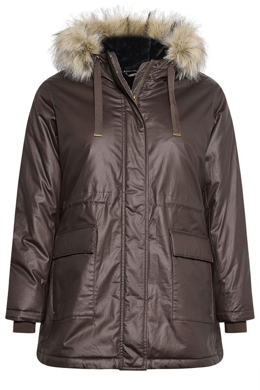 YOURS Plus Size Brown Waxed Faux Fur Trim Parka Coat | Yours Clothing 8