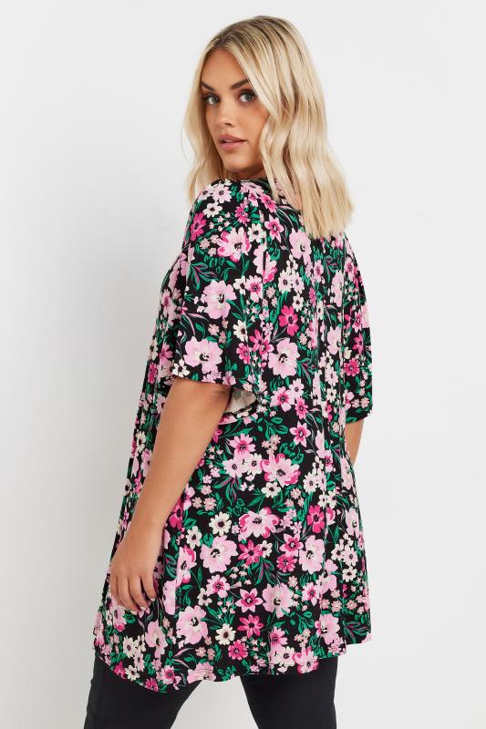 YOURS Plus Size Black Floral Print Angel Sleeve Swing Top | Yours Clothing 3