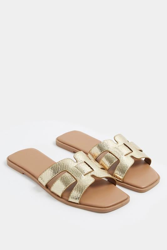  Yours Gold Cut Out Mule Sandals In Wide E Fit