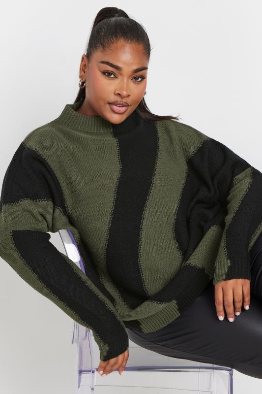 YOURS Plus Size Khaki Green Swirl Oversized Knitted Jumper | Yours Clothing 1