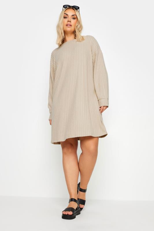 YOURS Plus Size Natural Brown Soft Touch Ribbed Jumper Dress | Yours Clothing  2