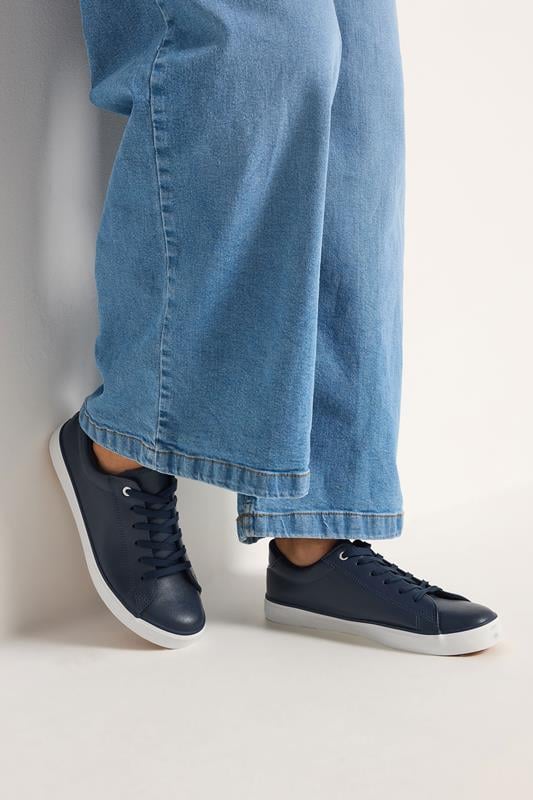  Yours Navy Blue Faux Leather Lace Up Trainers In Extra Wide EEE Fit