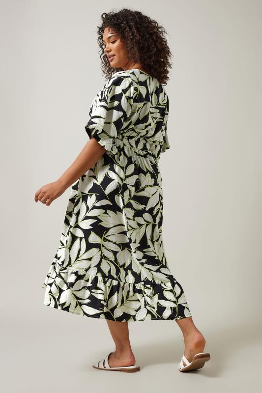 EVANS Plus Size Black Leaf Print Dipped Hem Midi Dress | Evans 3
