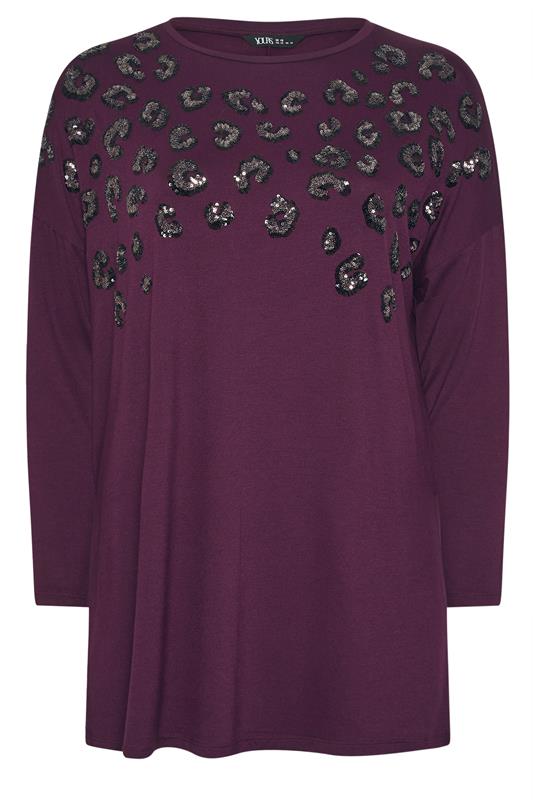 YOURS Plus Size Purple Leopard Sequin Long Sleeve Top | Yours Clothing 5