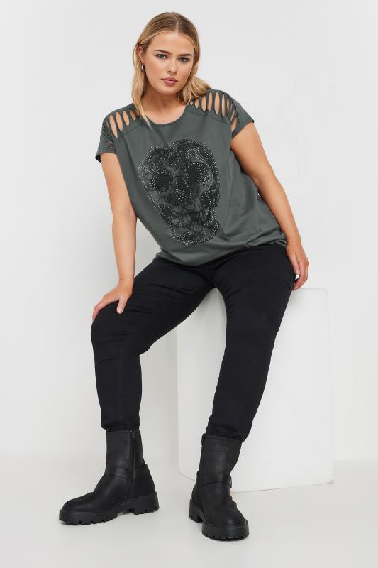 YOURS Plus Size Charcoal Grey Cut Out Skull Print T-Shirt | Yours Clothing  2