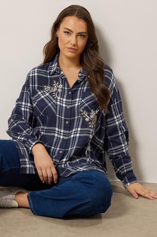 Plus Size  EVANS Curve Navy Check Sequin Embellished Shirt