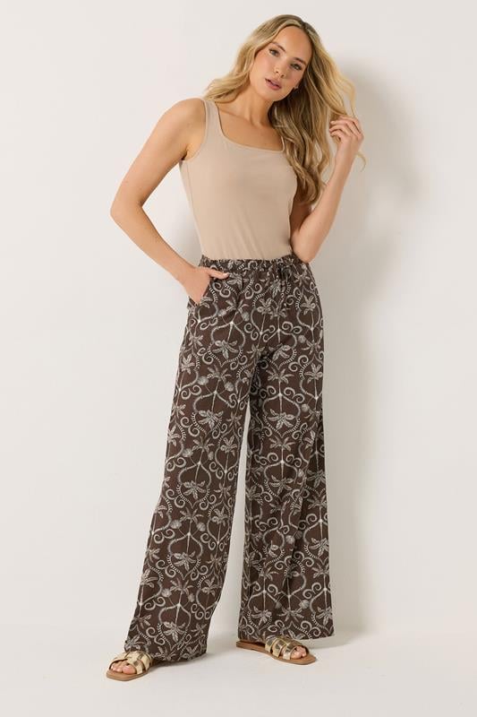 LTS Tall Chocolate Brown Palm Print Wide Leg Linen Trousers