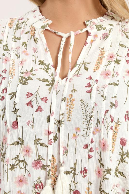 YOURS Plus Size Ivory White Floral Sequin Embellished Tie Neck Blouse 5