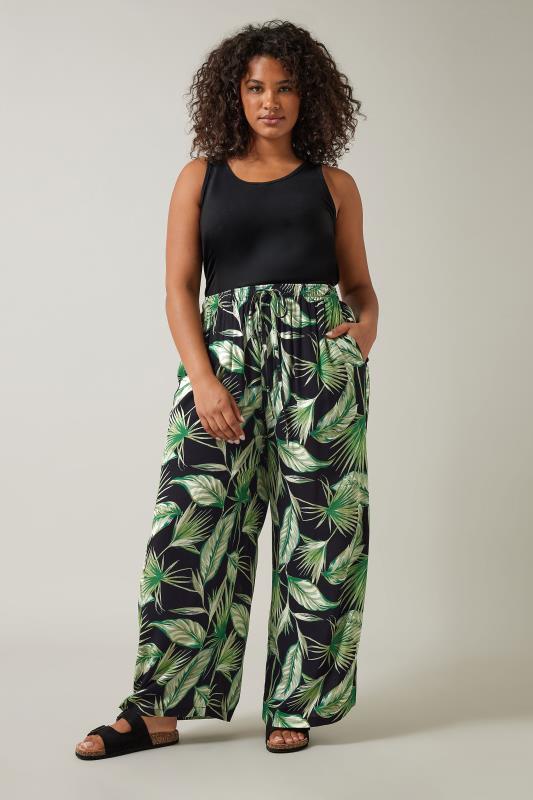 EVANS Plus Size Green Palm Print Wide Leg Trousers Evans