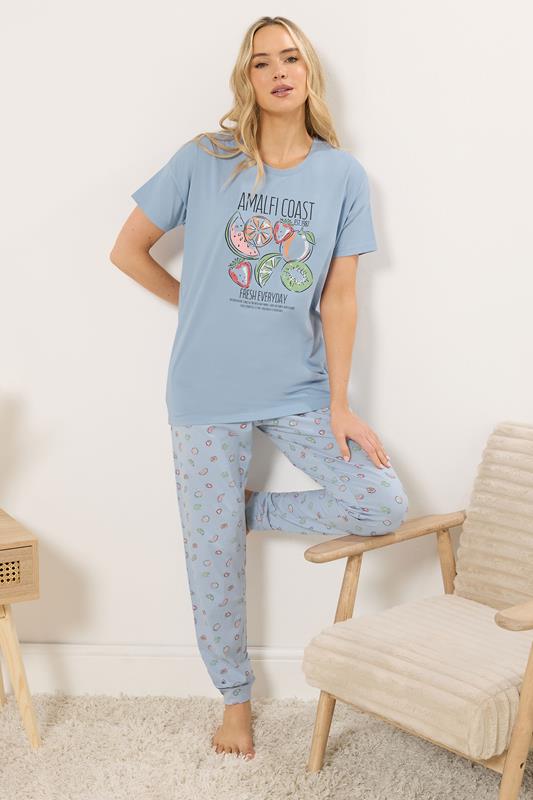  LTS Tall Blue Summer Fruits 'Amalfi Coast' Slogan Cotton Pyjama Set