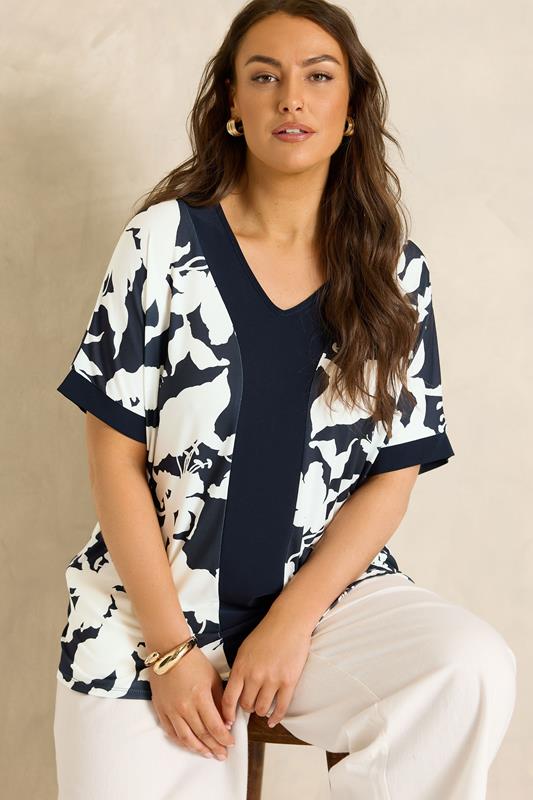 EVANS Curve Navy Blue Floral Jersey Top