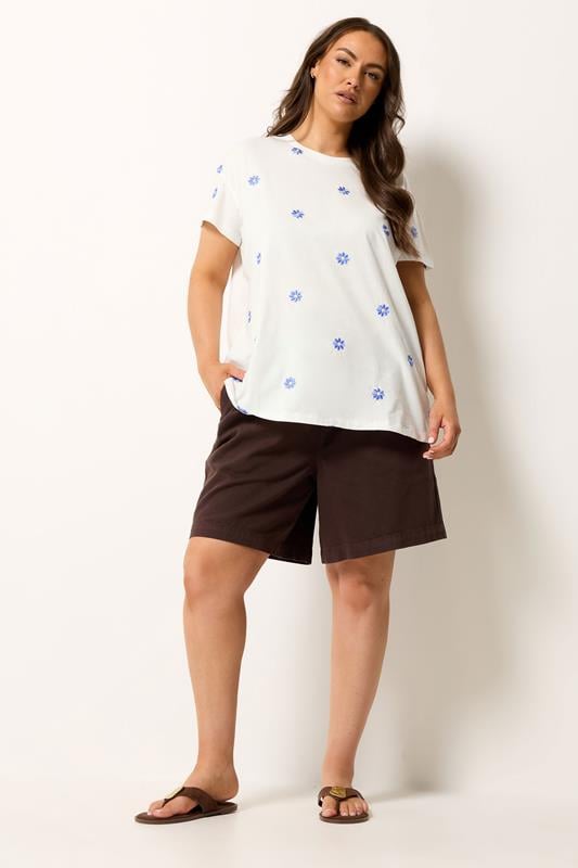 YOURS Plus Size White Embroidered Daisy T-Shirt | Yours Clothing 1