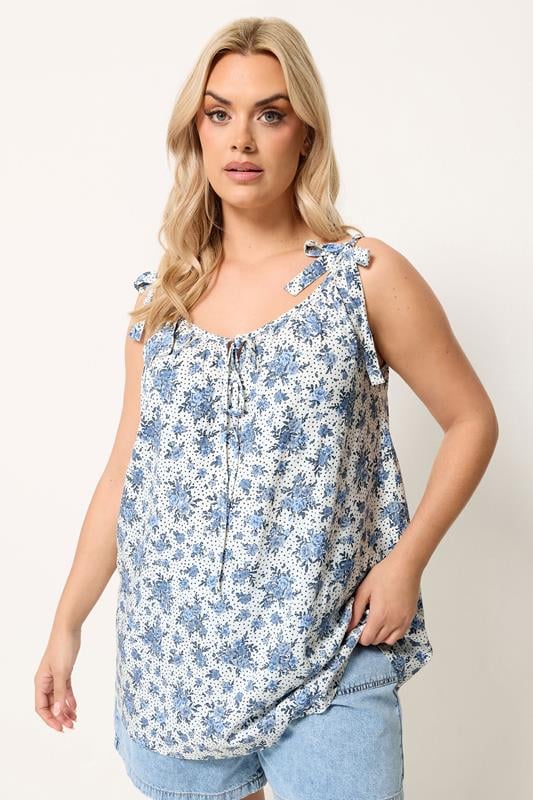 YOURS Plus Size White Polka Dot Floral Strappy Vest Top | Yours Clothing 1
