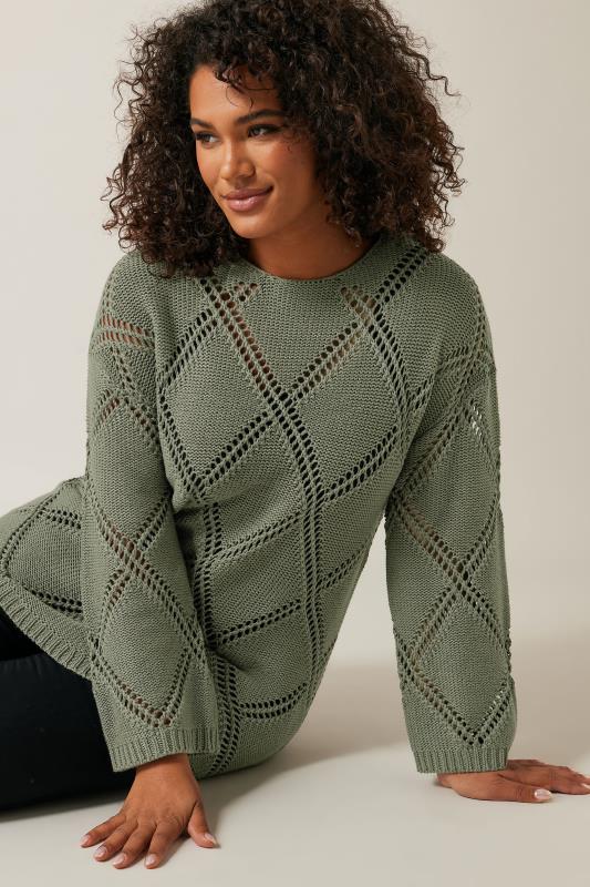 EVANS Plus Size Khaki Green Diamond Pointelle Jumper | Evans 4