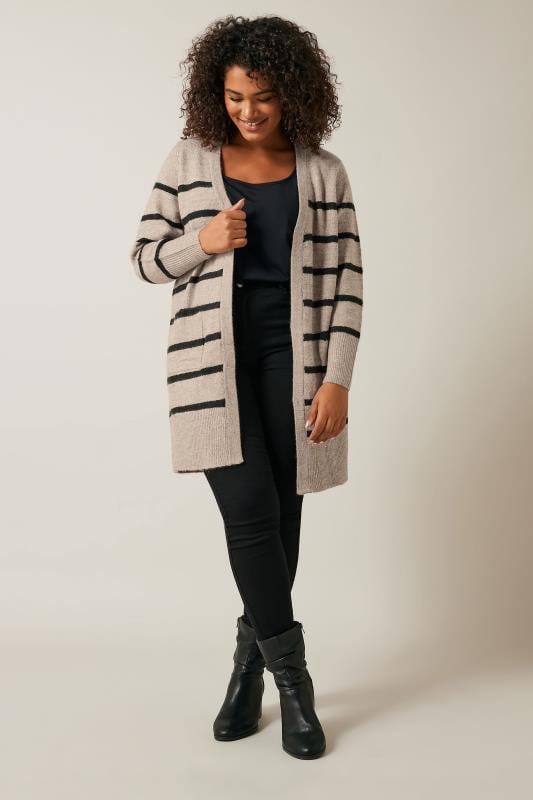 EVANS Plus Size Beige Brown Stripe Knitted Cardigan | Evans 2