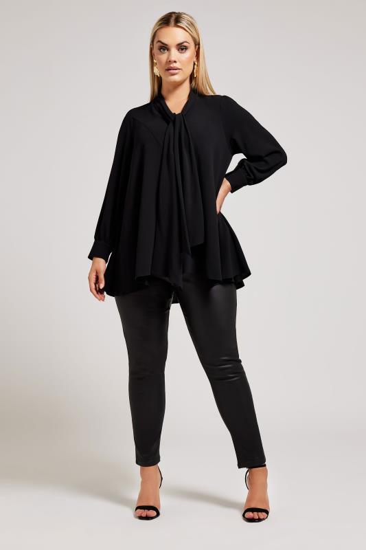 YOURS LONDON Plus Size Black Tie Neck Blouse | Yours Clothing 2