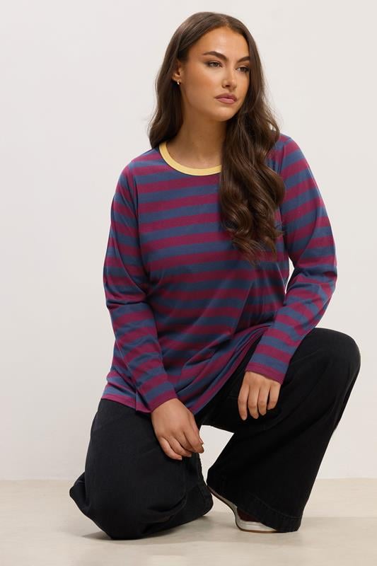  YOURS Curve Red Stripe Long Sleeve Ringer Top