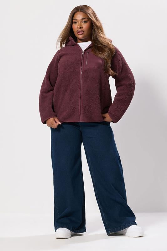 YOURS Plus Size Burgundy Red Hooded Pocket Fleece Jacket | Yours Clothing 2